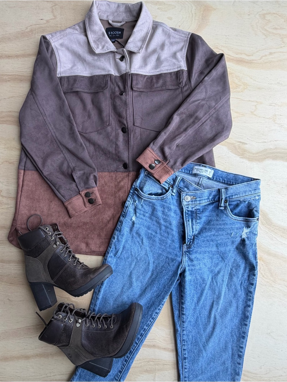 Stoosh Faux Suede Colorblock Shacket Womens Large Brown Mauve Button Up Jacket